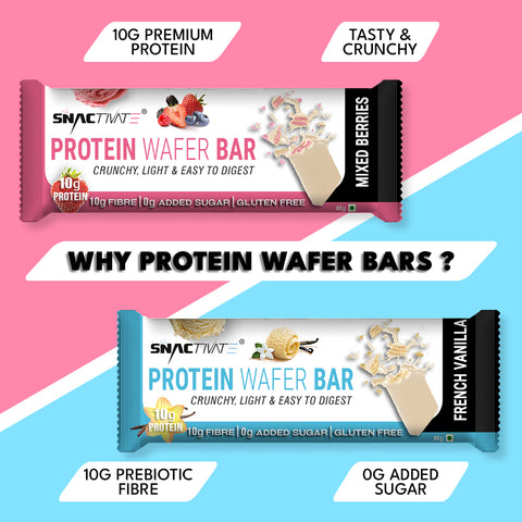 Snactivate Protein Wafer Bars Combo pack - Mixed Berries & French Vanilla with 10g Protein, 10g Fiber & Sugar-free | Tasty & Crunchy Whey Protein Bars | Healthy Energy Bars | 40 gm (Pack of 12)