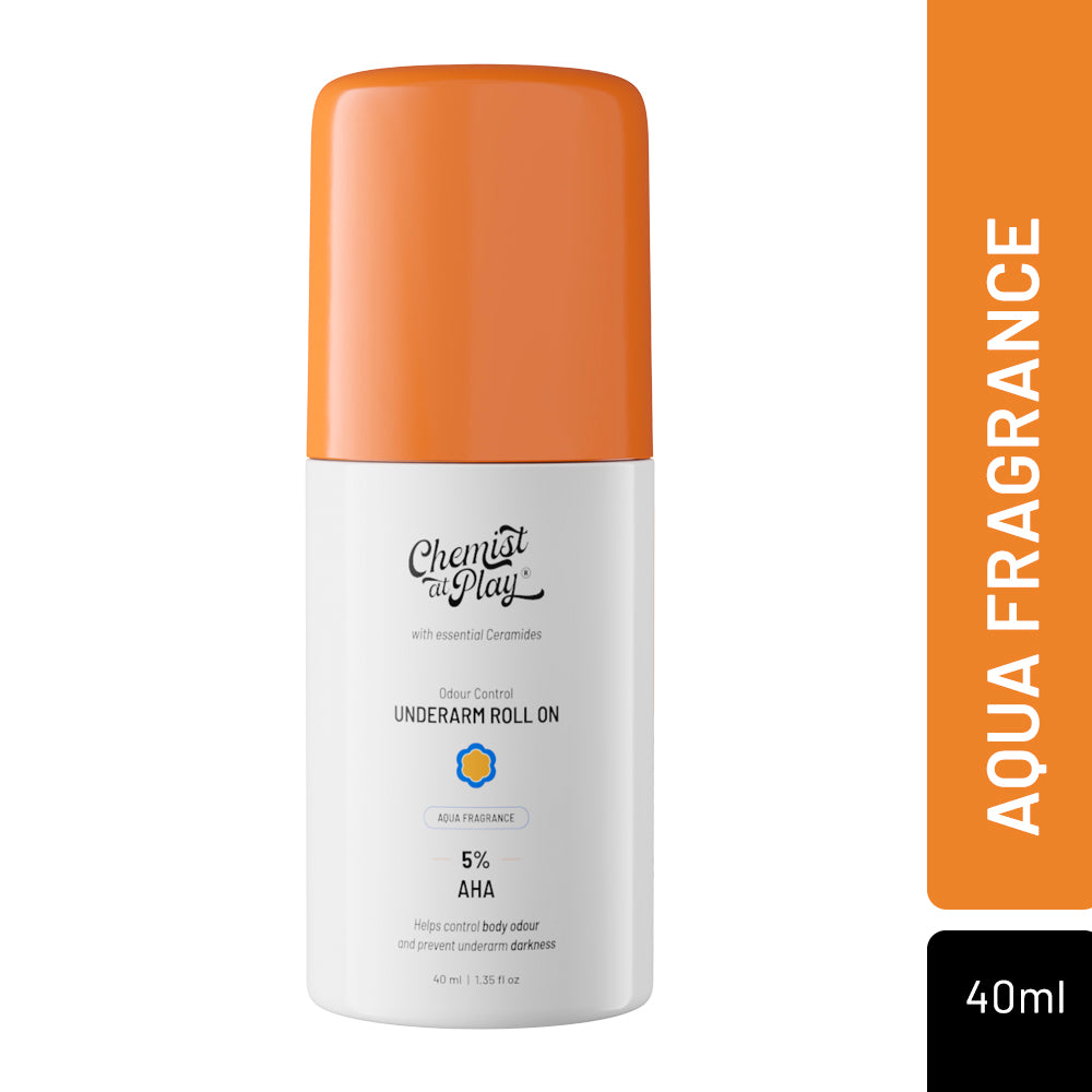 Chemist at Play UnderArm Roll On with 4% Lactic Acid & 1% Mandelic Acid | Prevents Odour, Help Whitens & Brightens Skin, Kills Bacteria & Exfoliates Underarm | Long Lasting Aqua Fragrance | Alcohol & Aluminium Free | 40 ml