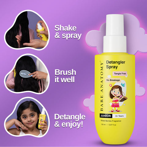 Bare Anatomy Junior Detangler Hair Spray | For 3+ Year Old Kids | Strengthens & Detangles | Tear Free, Creamy & Non Greasy | Adds Shine | Aloe Vera & Coconut Milk Protein | 150ml