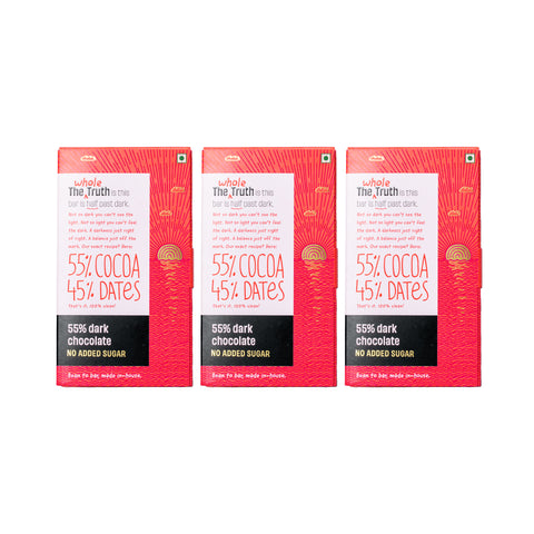 The Whole Truth - Dark Chocolate Combo | 55% Dark Chocolate | Pack of 3 | 160 g | No Added Sugar | Bean to Bar | Vegan