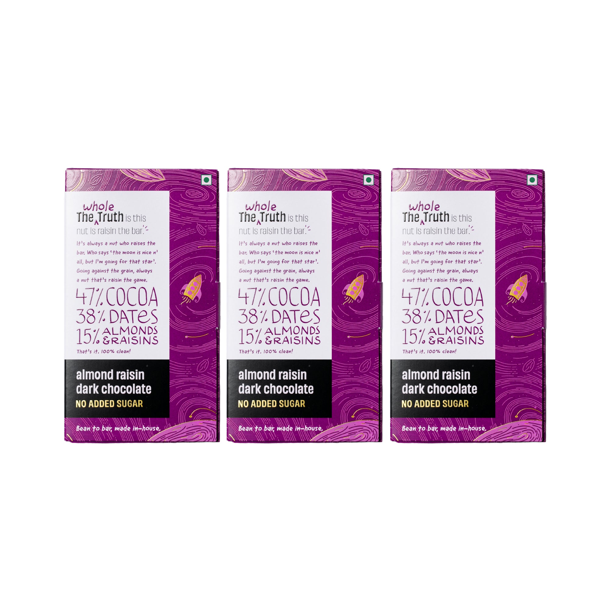 The Whole Truth Dark Chocolate | Almond Raisin | Pack of 3 | No Added Sugar, Only Dates | 47% Cocoa, 38% Dates, 15% Almond & Raisins