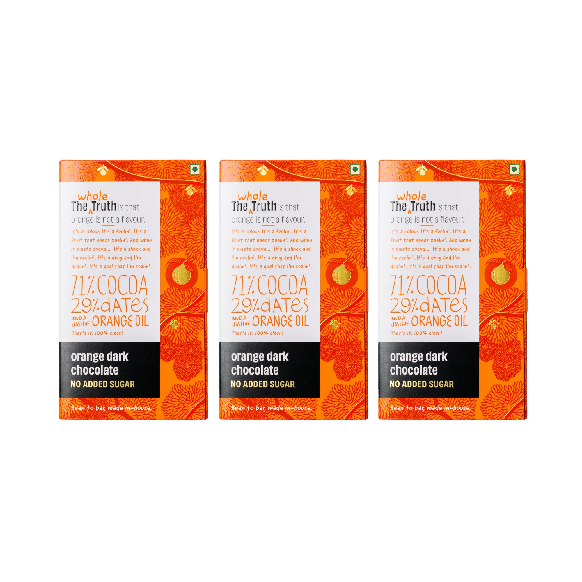 The Whole Truth Dark Chocolate - Orange (Pack of 3 x80g) No Added Sugar, Sweetened Only with Dates (71% Cocoa 29% Dates with a dash of Orange Oil), Bean to Bar, Portion Controlled