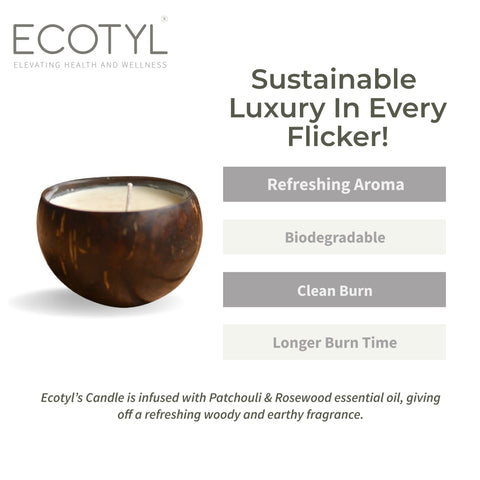 Ecotyl Coconut Shell Candle - Patchouli & Rosewood | Pure Soy Wax | 100g