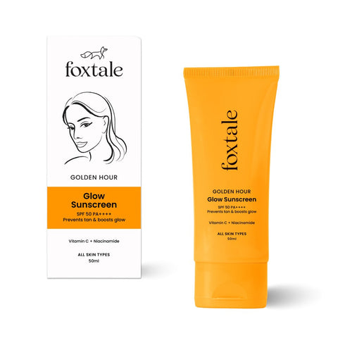 Foxtale Glow Sunscreen SPF 50 PA++++ Lightweight Sunscreen with Vitamin C and Niacinamide, Fast-Absorbing, UVA and UVB filters Prevents Tanning, No White Cast, Non-Greasy, For Men & Women, All Skin Types, 50 ml