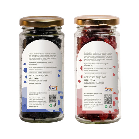 Ecotyl Dried Blueberres & Dried Cranberries Combo | Healthy Snacks | Dried Fruits | 150g Each