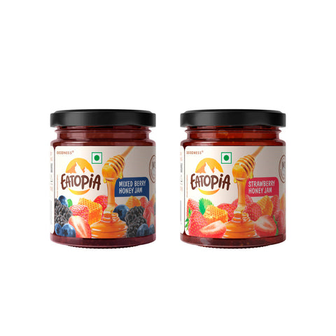 Eatopia Fruit Jam made with Pure Honey | No Refined sugar Mixberry + Strawberry Honey Jam (Combo) 480g