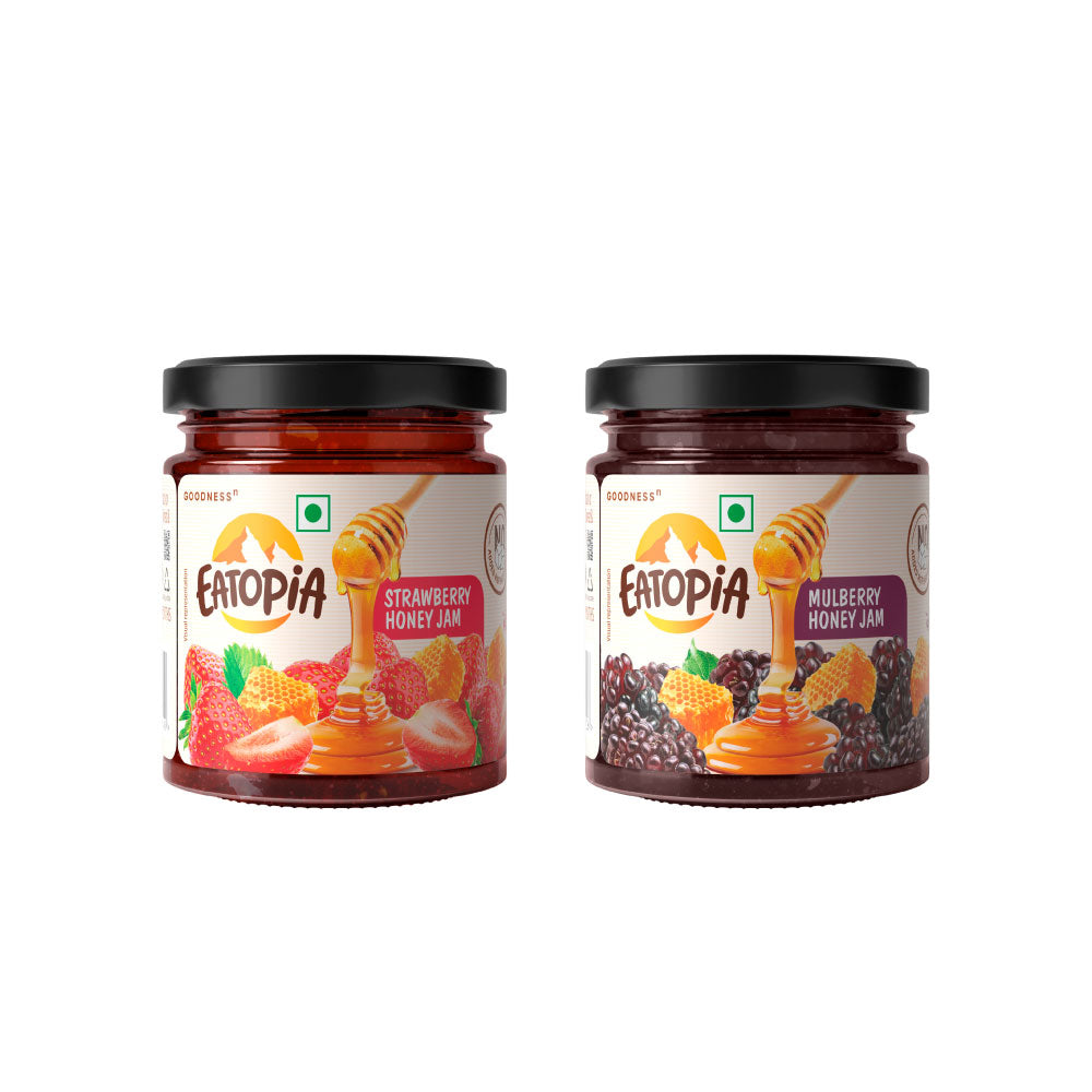 Eatopia Fruit Jam made with Pure Honey | No Refined sugar Strawberry + Mulberry Honey Jam (Combo) 480g