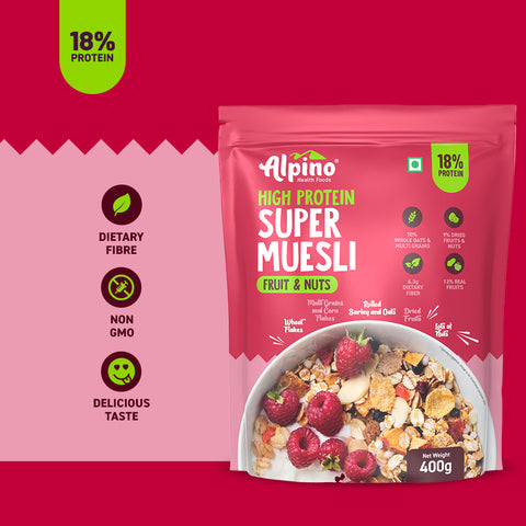 Alpino Super Muesli Fruit & Nuts 400 G | Whole Oats & Whole Grain | Finest Nuts & Raisins | Real Freeze Dried Fruits | No Sugar Infused Fruits