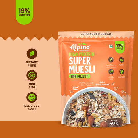 Alpino Super Muesli Nut Delight 400 G | Whole Oats & Whole Grain | Finest Nuts & Raisins | Real Freeze Dried Fruits | No Sugar Infused Fruits