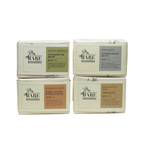 Bare Necessities Spa Bars | Pack of 4 | 300gm (Soothe Operator, Rhassoul Dazzle, Dark Knight and Brew For The Soul)