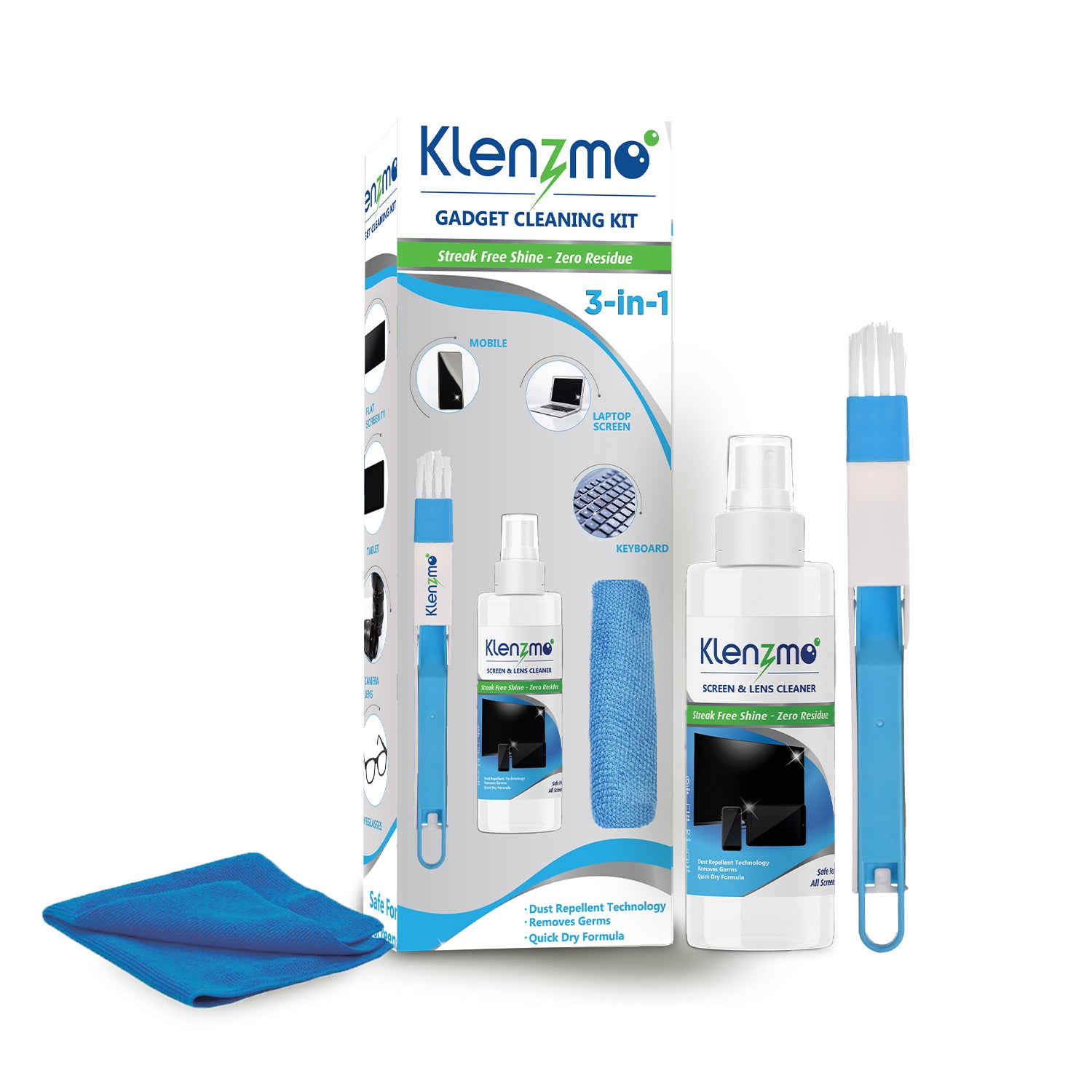 Klenzmo Gadget Cleaning Kit, 3-in-1 with Screen Cleaner, Brush, Premium Microfibre Cloth