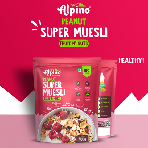 Alpino Super Muesli Fruit & Nuts 400 G | Whole Oats & Whole Grain | Finest Nuts & Raisins | Real Freeze Dried Fruits | No Sugar Infused Fruits