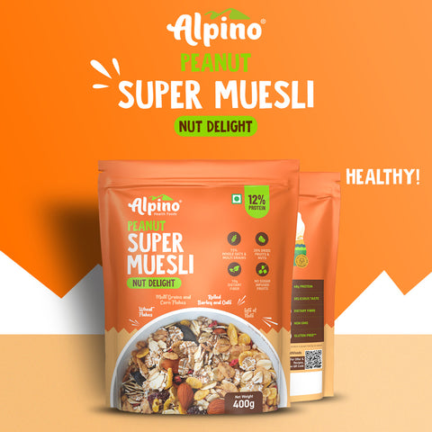 Alpino Super Muesli Nut Delight 400 G | Whole Oats & Whole Grain | Finest Nuts & Raisins | Real Freeze Dried Fruits | No Sugar Infused Fruits