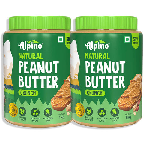 Alpino Natural Peanut Butter Crunch 2kg - 100% Roasted Peanuts - 30g Protein, No Added Sugar & Salt, Gluten Free, Vegan – Plant Based, Unsweetened Peanut Butter Crunchy - 1kg, Pack of 2