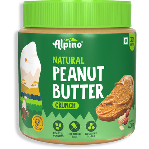 Alpino Natural Peanut Butter Crunch 400 G | Unsweetened | 30 G Protein | 100% Roasted Peanuts | No Added Sugar, Salt or Hydrogenated Oils | High Protein Peanut Butter Crunchy | Gluten-Free | Vegan