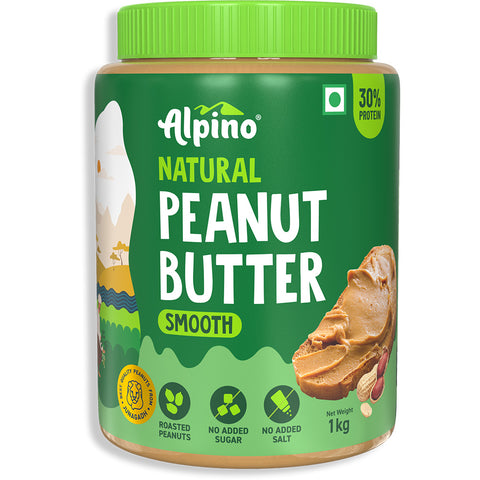 Alpino Natural Peanut Butter Smooth 1 KG | Unsweetened | 30 G Protein | 100% Roasted Peanuts | No Added Sugar, Salt or Hydrogenated Oils | High Protein Peanut Butter Creamy | Gluten-Free | Vegan