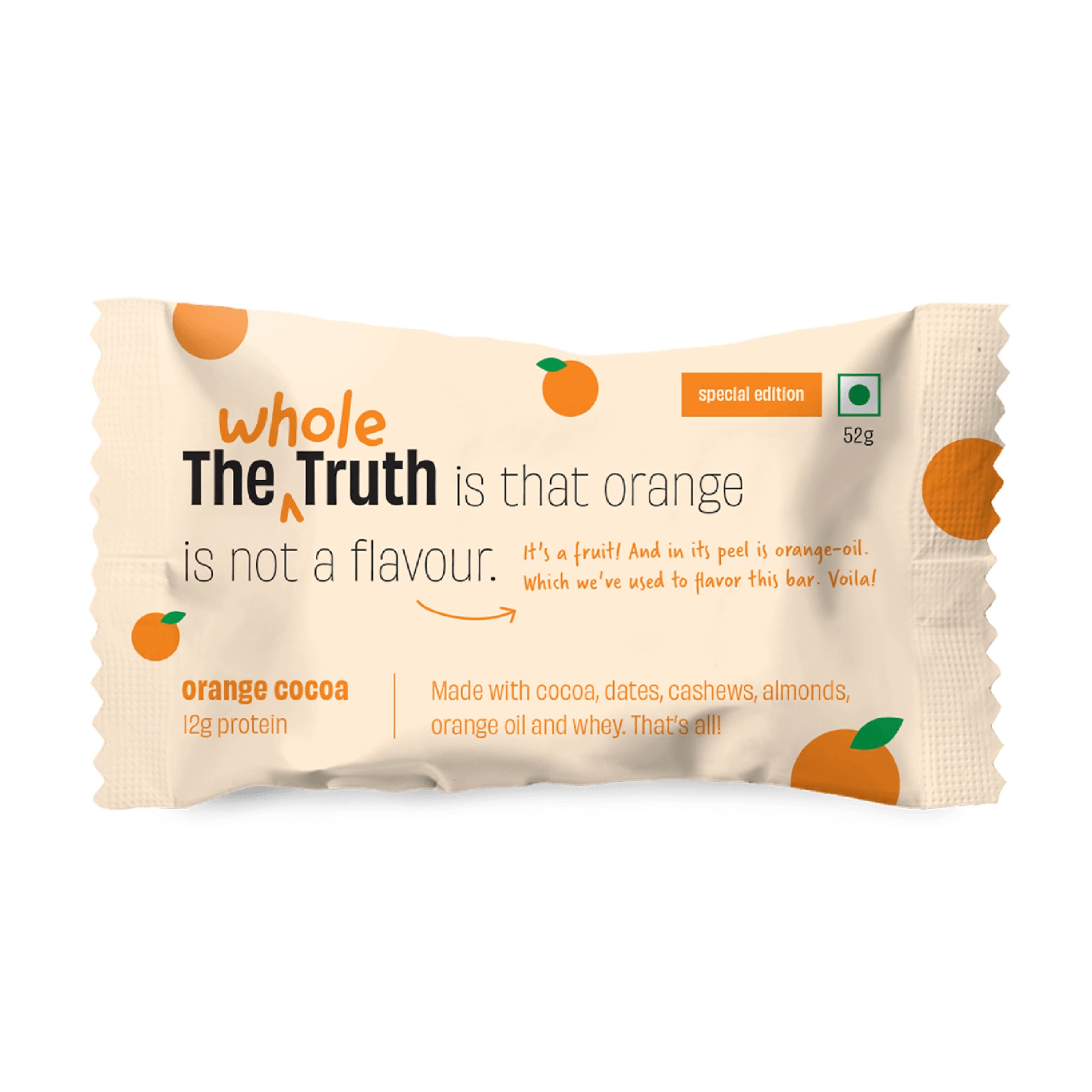 The Whole Truth Protein Bars - Orange Cocoa Pack of 6 (6 x 52g) All Natural, No Added Sugar