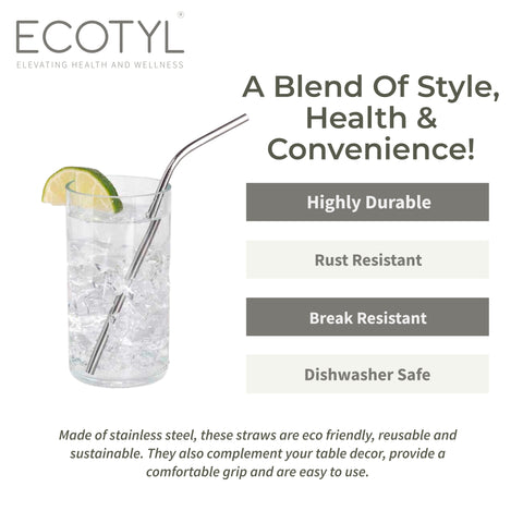 Ecotyl Stainless Steel Straw Bent With Cleaning Brush | Reusable Straws | Set of 4