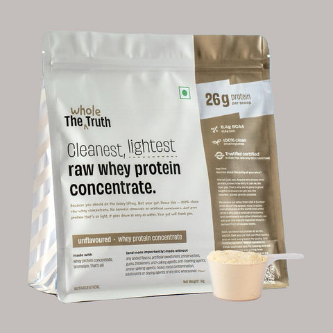 The Whole Truth Whey Protein Concentrate Unflavoured | 1 kg (2.2 lbs) | 26g Protein per scoop | 6.4g BCAA | 100% Authentic Whey & No Adulteration | Clean and Light | Improved Strength & Muscle Building