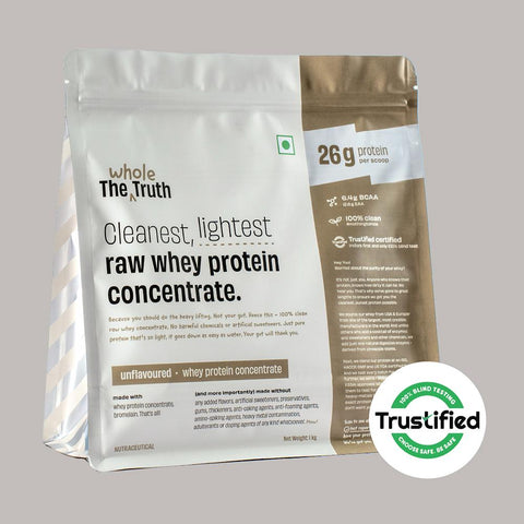 The Whole Truth Whey Protein Concentrate Unflavoured | 1 kg (2.2 lbs) | 26g Protein per scoop | 6.4g BCAA | 100% Authentic Whey & No Adulteration | Clean and Light | Improved Strength & Muscle Building