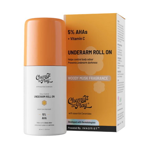 Chemist at Play UnderArm Roll-On with 5% Lactic Acid & 1% Mandelic Acid | Prevents Odour, Brightens Skin & Exfoliates Underarm | Woody Musk | Sensitive Skin Friendly | Alcohol & Aluminium Free | 40ml