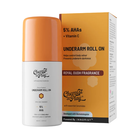 Chemist at Play UnderArm Roll-On with 5% Lactic Acid & 1% Mandelic Acid | Prevents Odour, Brightens Skin & Exfoliates Underarm | Royal Oudh | Sensitive Skin Friendly | Alcohol & Aluminium Free | 40ml