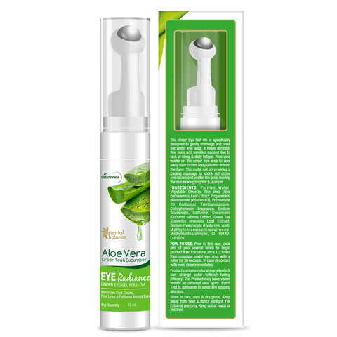 Oriental Botanics Under Eye Gel Roll | Aloe Vera, Green Tea & Cucumber | Reduce Dark Circles, Puffiness and Fine Lines | 15 ml