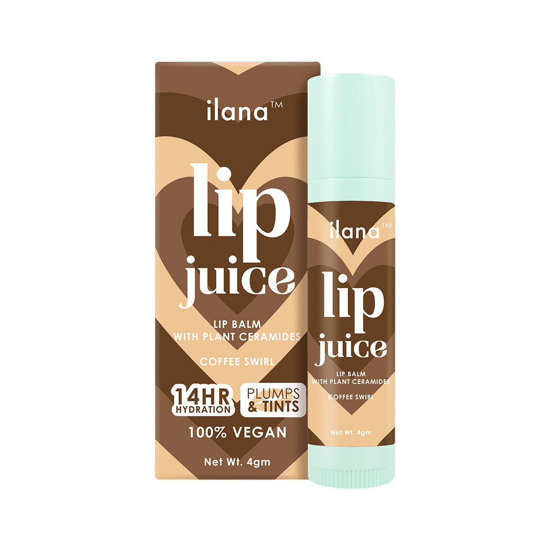 ilana - Lip Juice - Hydrating and plumping vegan tinted lip balm with plant ceramides - 14 hr hydration - Coffee Swirl - 4gm