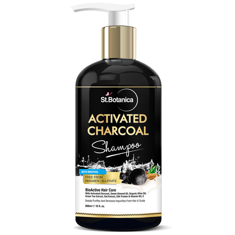 St.Botanica Activated Charcoal Hair Shampoo, No SLS/Sulphate, Paraben or Silicon - Refreshing Menthol, Organic Olive & Almond Oil, Vitamin B5, E, Oats & Silk Protein, 300 ml