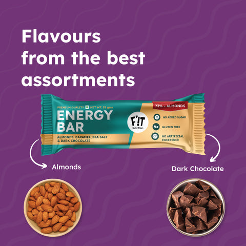 FiT Nutrition Energy Bar | Combo Pack | Almonds (73%) & Dark Chocolate + Cranberries (70%) & Nuts | No Added Sugar | 140g (35g X 4)