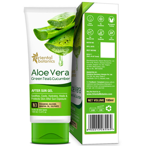 Oriental Botanics Aloe Vera, Green Tea and Cucumber After Sun Gel - No Silicone, Paraben (100 Ml)