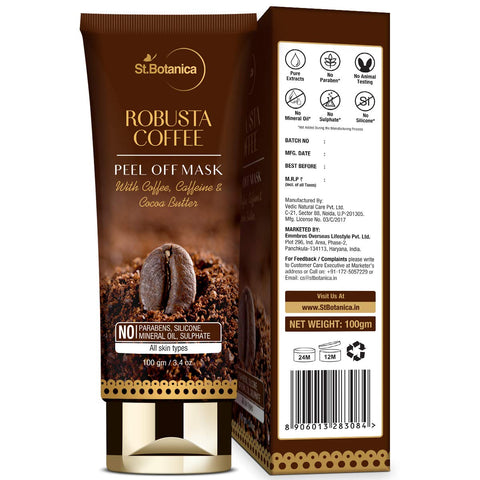 St.Botanica Robusta Coffee Peel Off Mask with Coffee, Caffeine And Cocoa Butter No SLS, Paraben, 100 ml