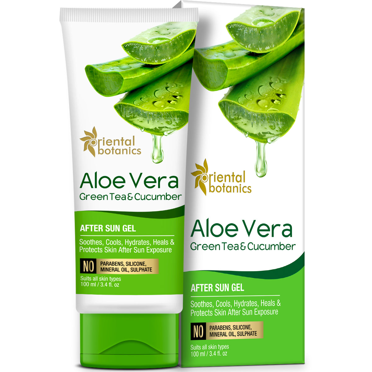 Oriental Botanics Aloe Vera, Green Tea and Cucumber After Sun Gel - No Silicone, Paraben (100 Ml)