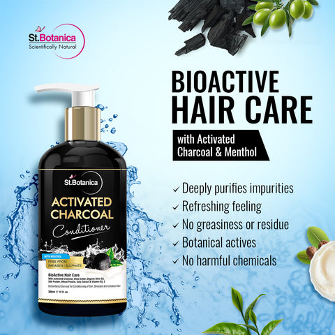 St.Botanica Activated Charcoal Hair Shampoo, No SLS/Sulphate, Paraben or Silicon - Refreshing Menthol, Organic Olive & Almond Oil, Vitamin B5, E, Oats & Silk Protein, 300 ml