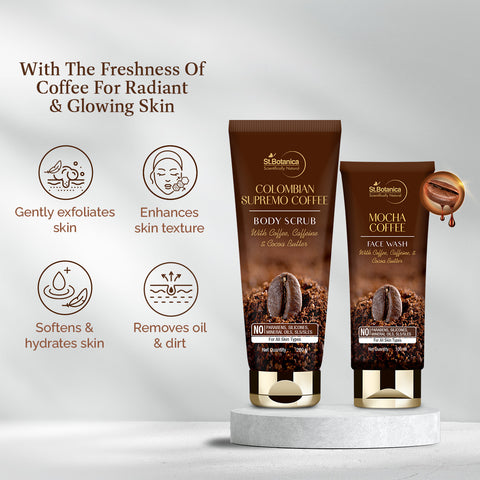 St.Botanica Colombian Supremo Coffee Body Scrub 200ml + Mocha Coffee Face Wash 100ml | Refines Skin