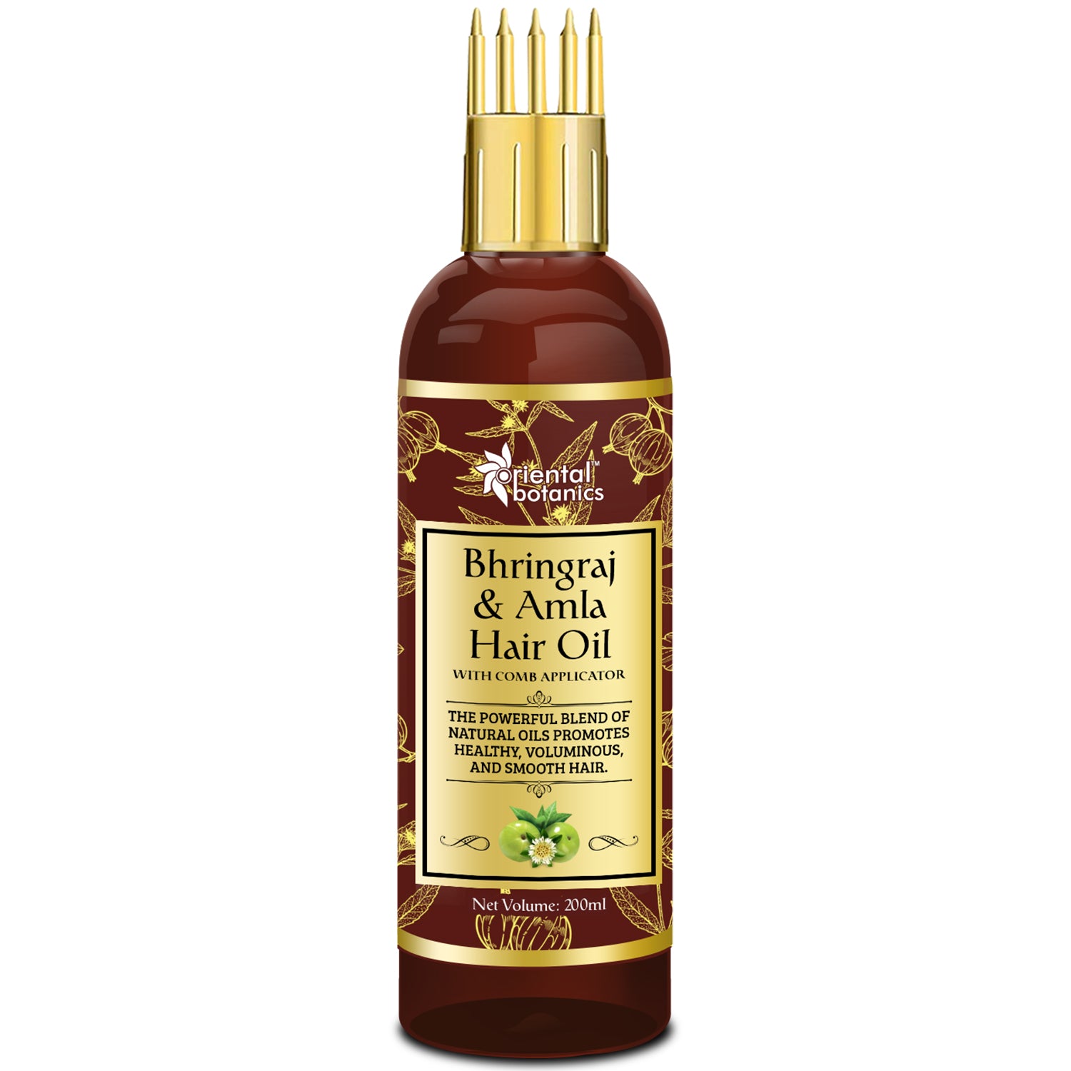 Oriental Botanics Bhringraj & Amla Hair Oil With Comb Applicator - Promotes Healthy, Voluminous & Smooth Hair, 200 ml