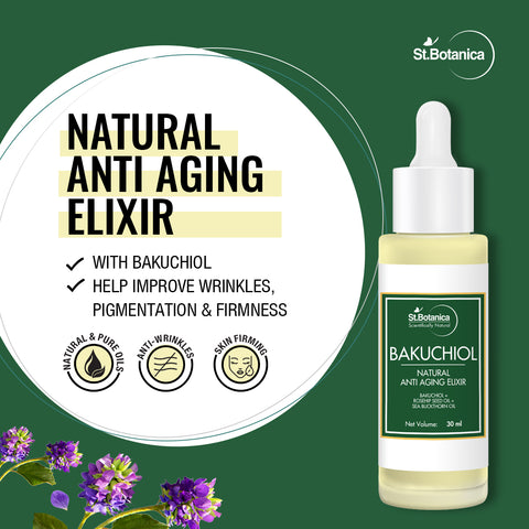 StBotania Bakuchiol Face Oil Natural Anti Aging Elixir With Rosehip Seed Oil, Sea Buckthorn Oil, Marula Oil, 30 ml