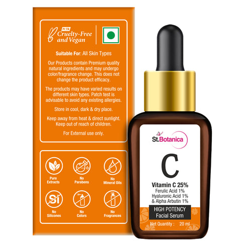 St.Botanica Vitamin C 25% + Ferulic Acid 1% + Hyaluronic Acid 1% + Alpha Arbutin 1%, High Potency Face Serum with Stable Vitamin C, 20 ml