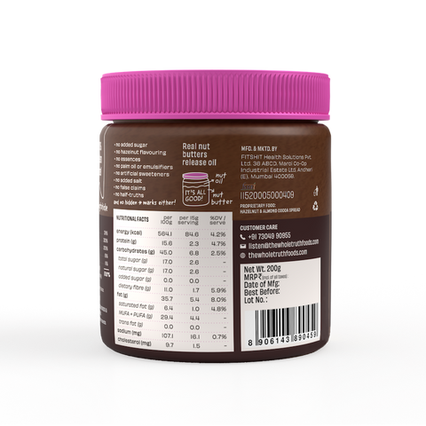 The Whole Truth - Hazelnut Spread - Creamy - 200g - No Added Sugar - No Palm Oil - No Preservatives - No Artificial Flavour