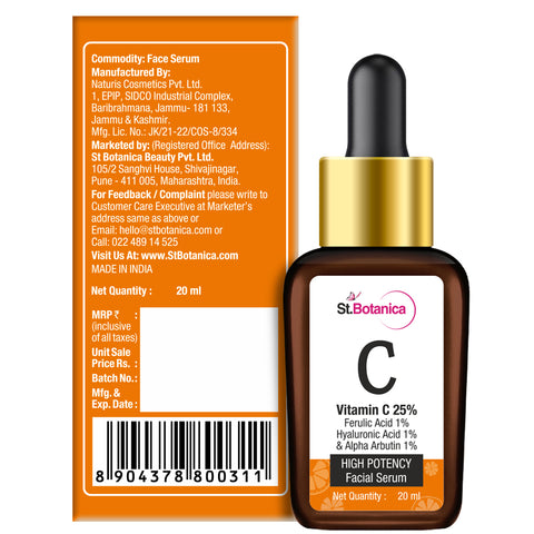 St.Botanica Vitamin C 25% + Ferulic Acid 1% + Hyaluronic Acid 1% + Alpha Arbutin 1%, High Potency Face Serum with Stable Vitamin C, 20 ml