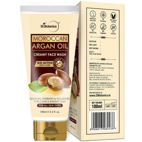 St.Botanica Moroccan Argan Oil Creamy Face Wash - Soothes, Hydrates, Nourishes For Clear & Radiant Skin - No Parabens, Sulphate, Silicones, 100 ml (STBOT554)