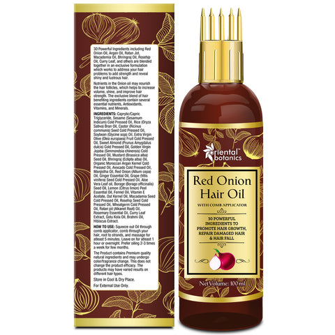 Oriental Botanics Red Onion Hair Oil With Comb Applicator - With 30 Oils & Extracts For Stronger Growth and To Control Hair Fall, 100 ml, 100ml + comb applicator