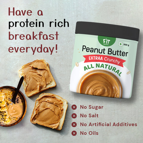 FiT Nutrition Unsweetened Peanut Butter | EXTRAA Crunchy | No Salt | High Protein | Vegan | Gluten Free | 350g