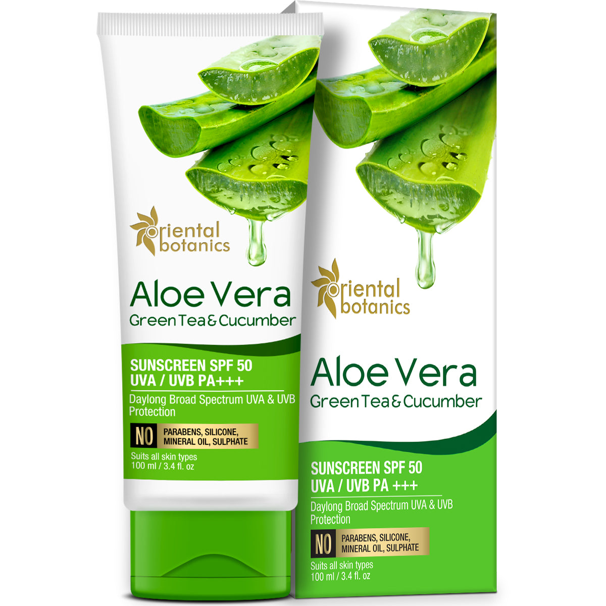 Oriental Botanics Aloe Vera, Green Tea and Cucumber Cream Sunscreen SPF 50 UVA/UVB Pa+++, 100 ml (ORBOT53)