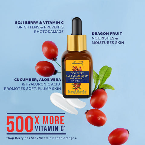 St.Botanica Goji Berry SPF 50 PA+++ Sunscreen Serum, 30ml with Goji Berry, 1% Vitamin C & Dragonfruit | For Broadspectrum Sun Protection & Bright Skin | Paraben Free, Cruelty Free & Vegan