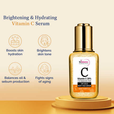 St.Botanica Vitamin C 20%, E & Hyaluronic Acid 24k Gold Night Face Serum - Brightening + Night Skin Repair, 25 ml