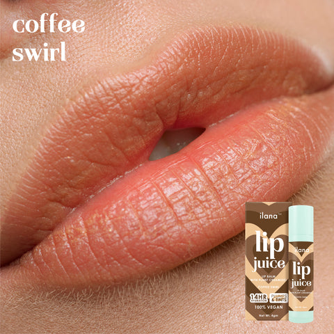 ilana - Lip Juice - Hydrating and plumping vegan tinted lip balm with plant ceramides - 14 hr hydration - Coffee Swirl - 4gm