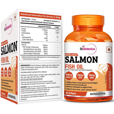 St.Botanica Salmon Fish Oil 1000mg Advanced Double Strength 660mg Omega 3 with 360mg EPA, 240mg DHA - 60 Enteric Coated Softgels