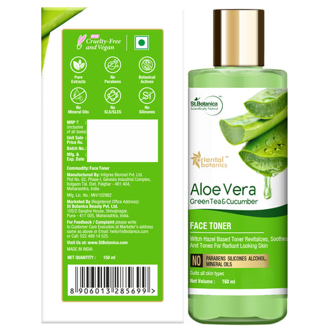 Oriental Botanics Aloe Vera, Green Tea & Cucumber Face Toner - No Alcohol, Silicone, Sulphate, 150 ml (ORBOT54)