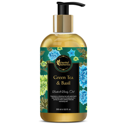 Oriental Botanics Bath & Body Oil (Green Tea & Basil) - No Mineral Oil, 200 ml (ORBOT08)